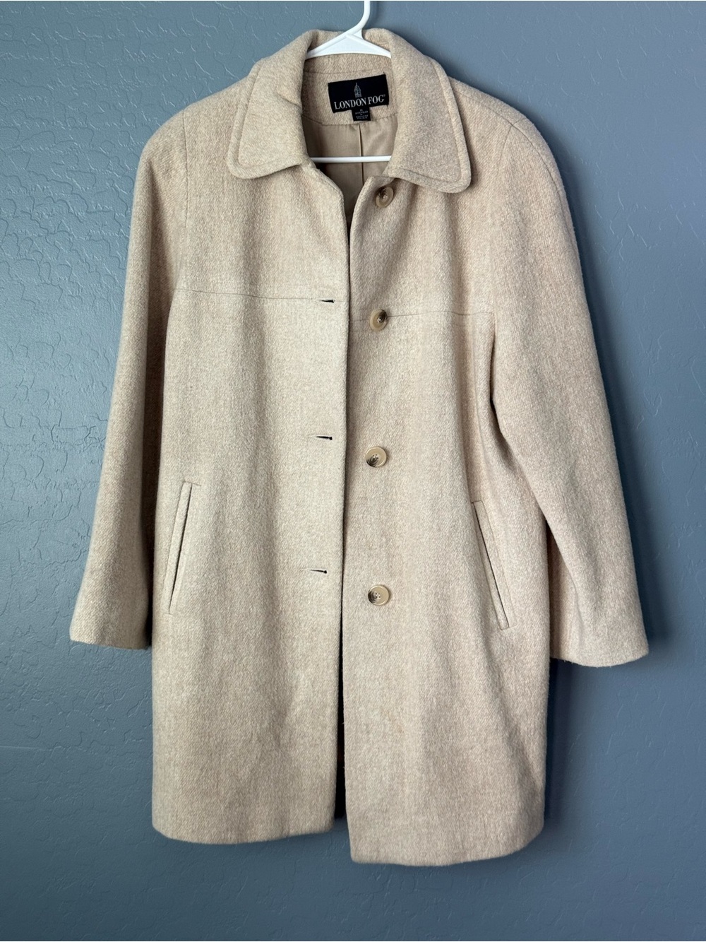 London Fog Beige Wool-Blend Single-Breasted Peacoat